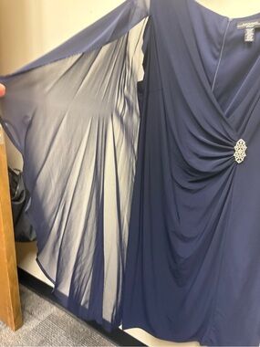 R&M Richards Navy Blue Long Sleeve Draped Evening dress with Rhinestone Brooch